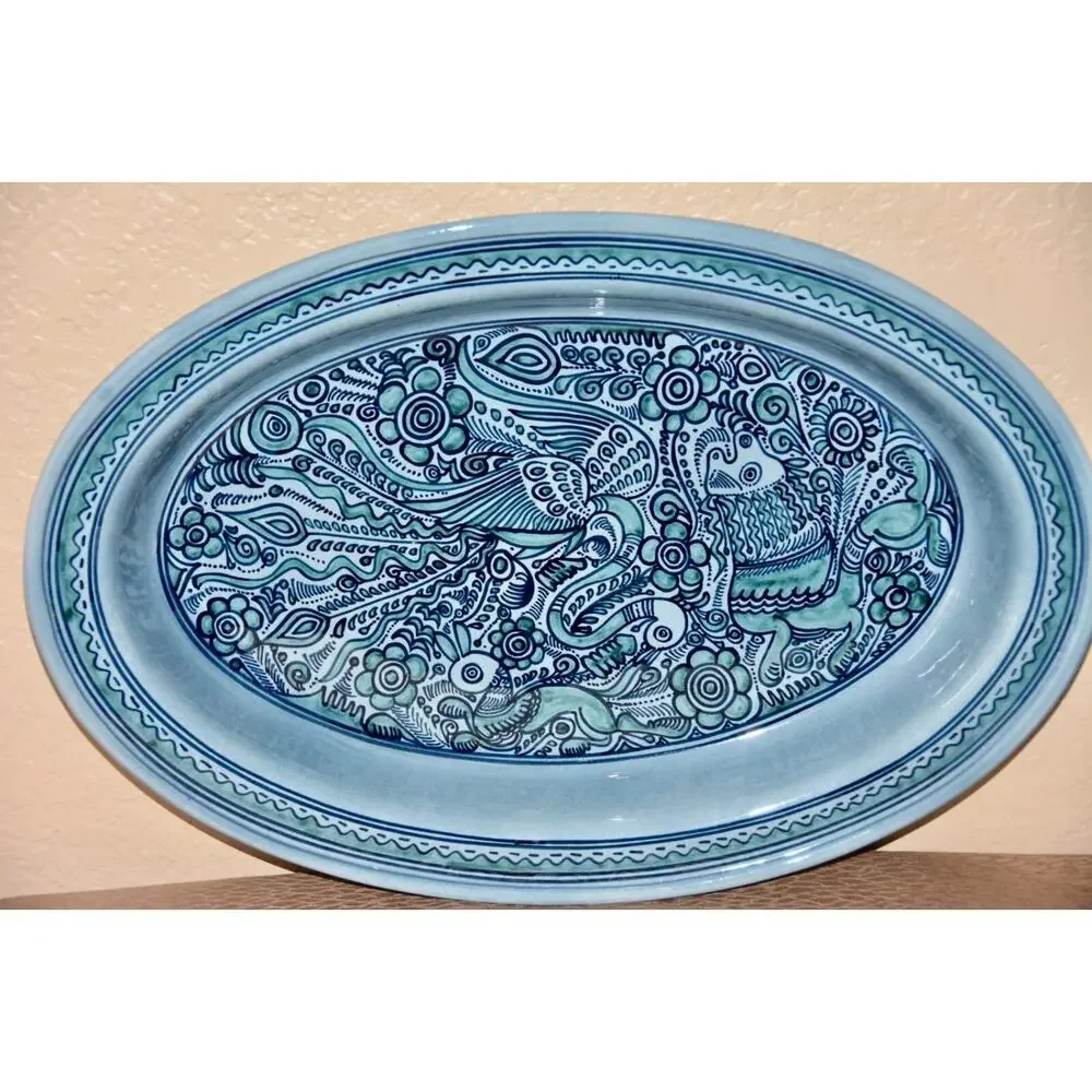 Felix Tissot Fantasia Taxco Mexican Artisan Modernist Pottery Oval Bowl Platter